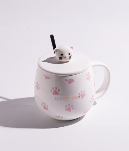 كوب سيراميك بتصاميم قطط مرحة مع غطاء برأس قطة وملعقة