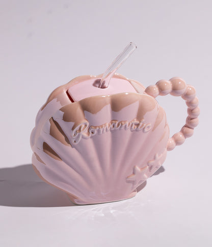 كوب سيراميك على شكل صدفة مع مقبض لؤلؤ ومزاز لون وردي