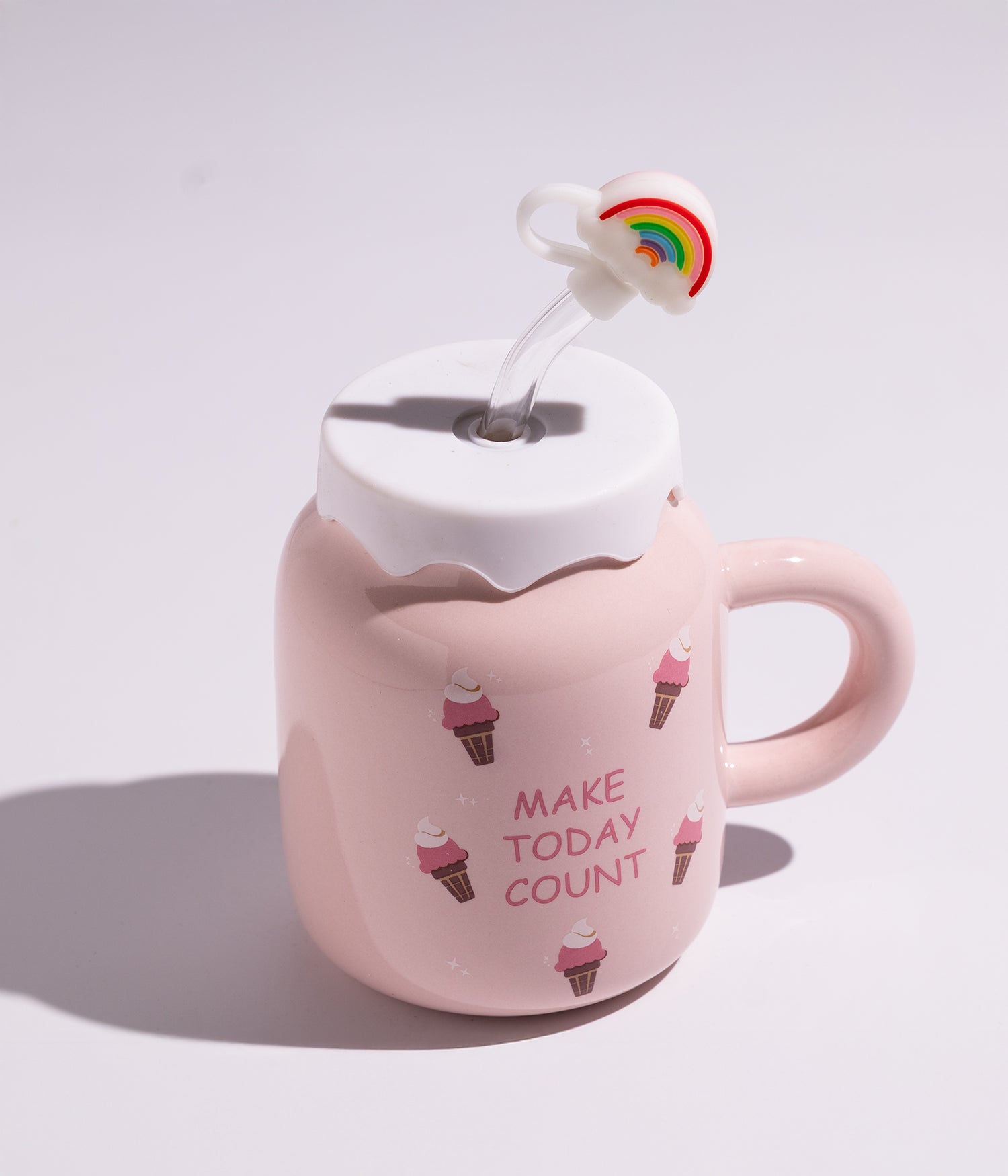 كوب سيراميك بتصميم مميز مع غطاء ومزاز بشكل قوس قزح لسهولة الشرب لون وردي