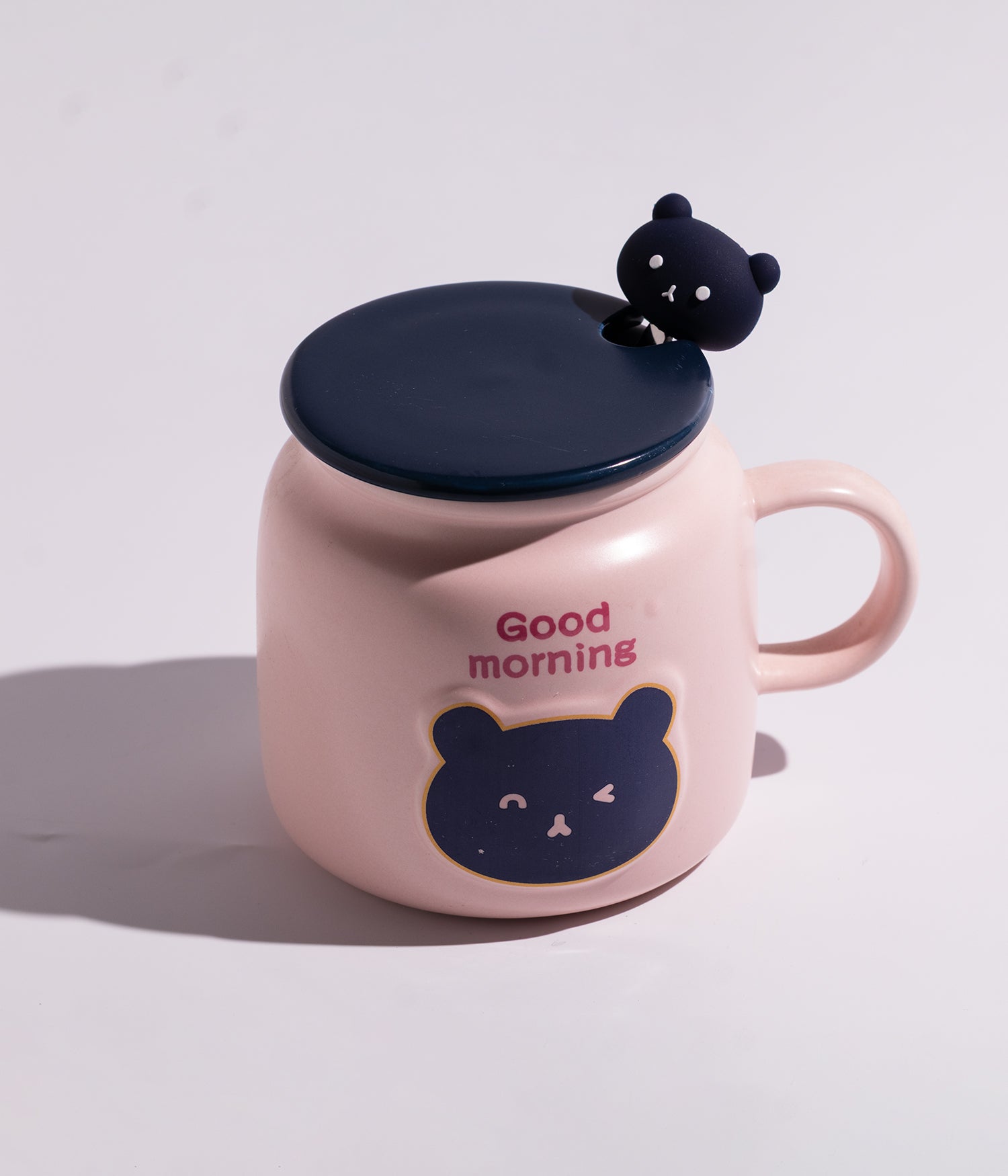 كوب سيراميك بتصميم وجه الدب وعبارة GOOD MORNING مع غطاء وملعقة