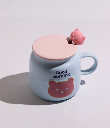 كوب سيراميك بتصميم وجه الدب وعبارة GOOD MORNING مع غطاء وملعقة
