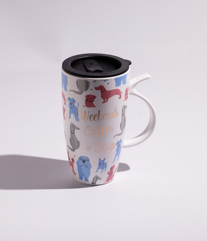 كوب سيراميك برسوم لطيفة مزوّد بغطاء اسود محكم الاغلاق