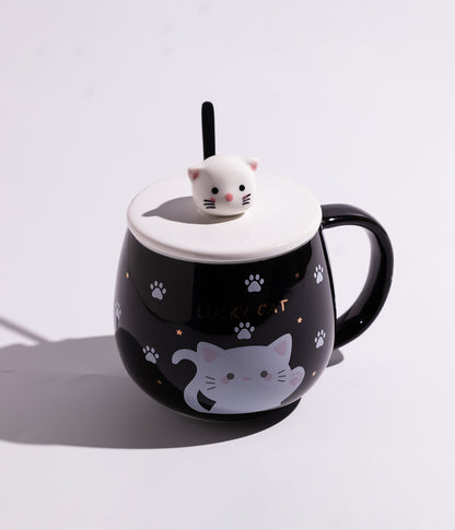 كوب سيراميك بتصاميم قطط مرحة مع غطاء برأس قطة وملعقة