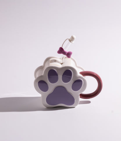 كوب قهوة سيراميك بتصميم بصمة قطة مع مزاز وميدالية