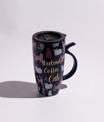 كوب سيراميك برسوم لطيفة مزوّد بغطاء اسود محكم الاغلاق