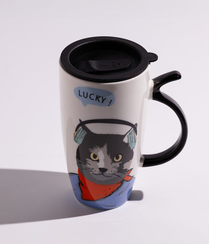 كوب مصنوع من السيراميك بتصميم حيوانات أليفة لطيف، مزود بغطاء محكم الإغلاق، مناسب للاستخدام اليومي مع المشروبات الساخنة