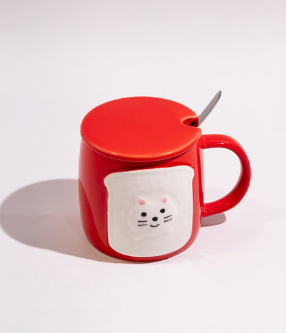 كوب سيراميك بتصميم قطة التوست اللطيفة مع غطاء وملعقة