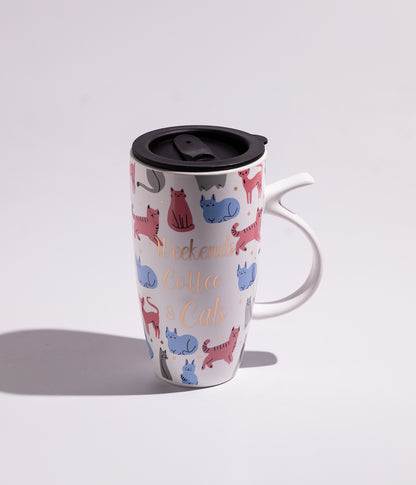 كوب سيراميك برسوم لطيفة مزوّد بغطاء اسود محكم الاغلاق