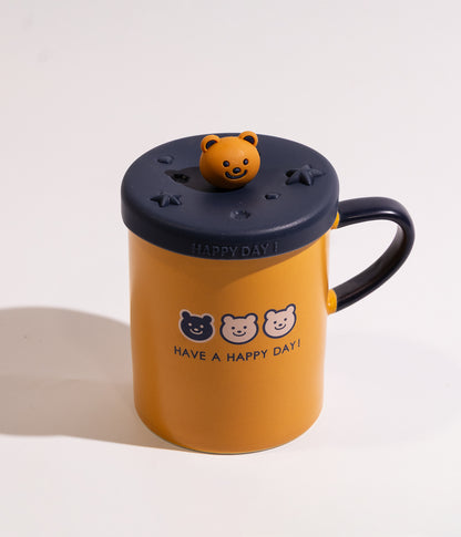 كوب قهوة سيراميك برسمة وجه الدب مع وغطاء بمجسم رأس الدب