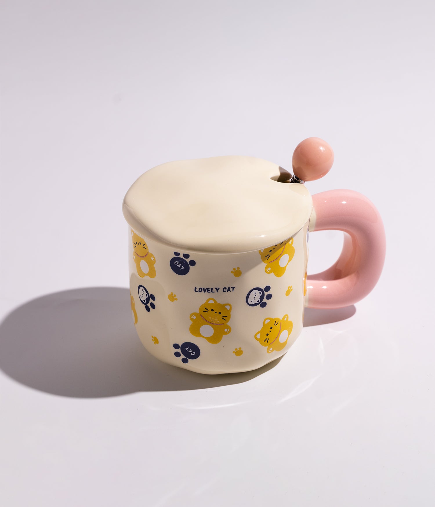 كوب سيراميك برسوم حيوانات لطيفة وغطاء مع ملعقة