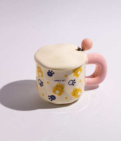 كوب سيراميك برسوم حيوانات لطيفة وغطاء مع ملعقة