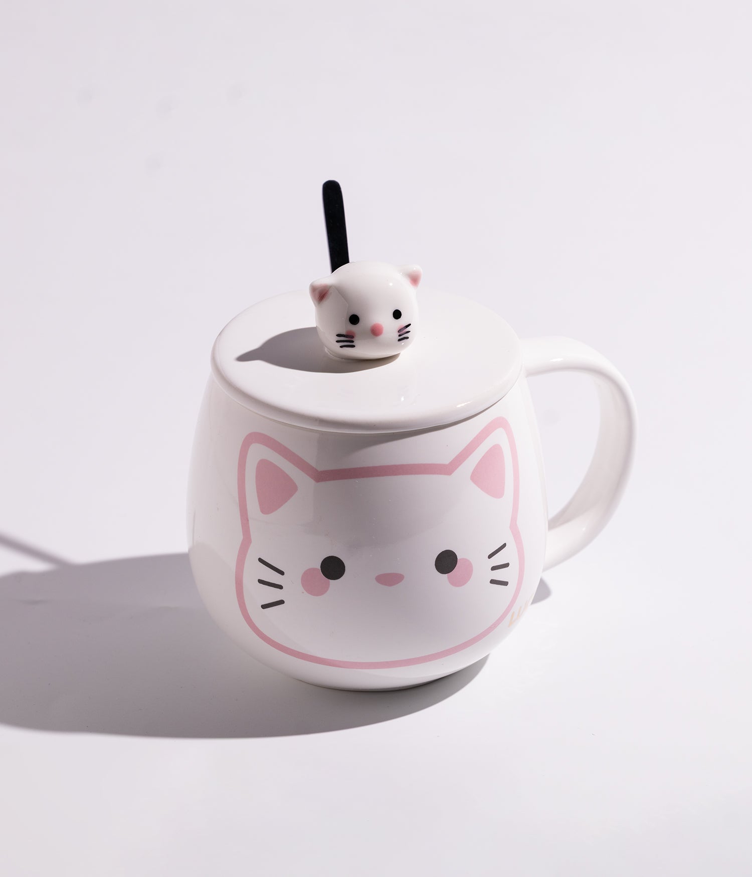 كوب سيراميك بتصاميم قطط مرحة مع غطاء برأس قطة وملعقة