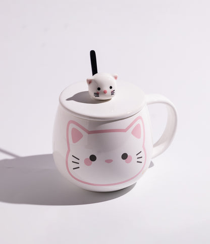كوب سيراميك بتصاميم قطط مرحة مع غطاء برأس قطة وملعقة