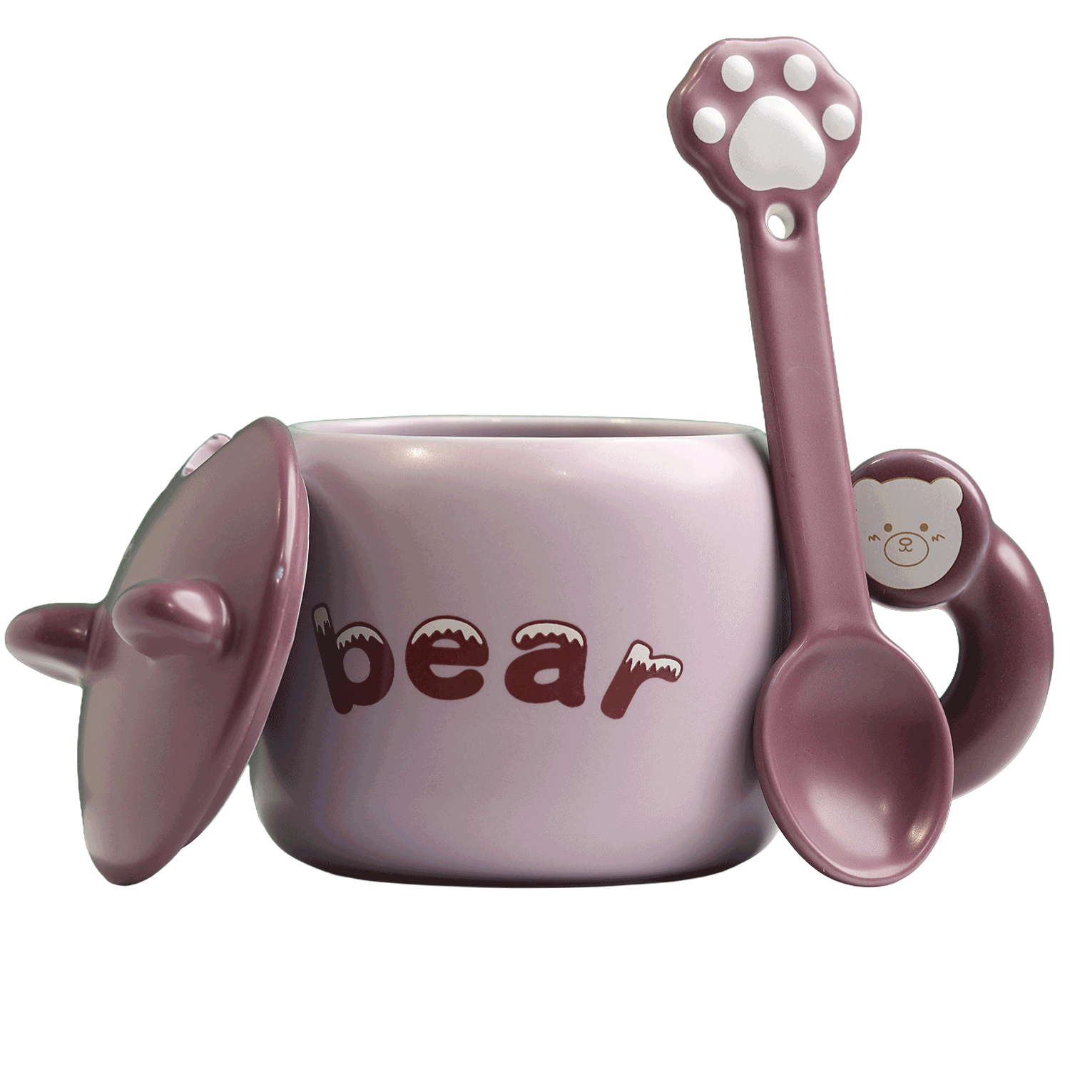 Purple Ceramic Bear Coffee Mug with Spoon and Lid