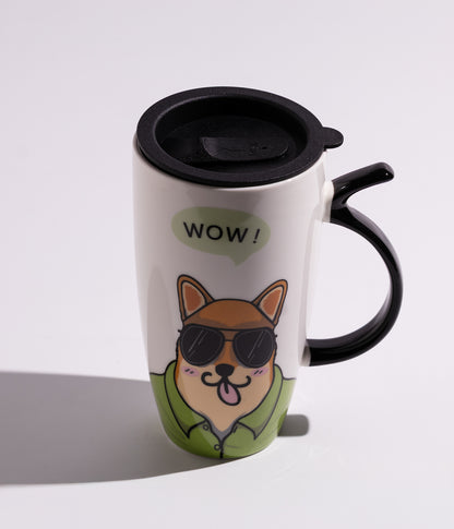 كوب سيراميكي مزخرف بتصميم حيوانات أليفة، يحتوي على غطاء محكم الإغلاق، مناسب للاستخدام اليومي