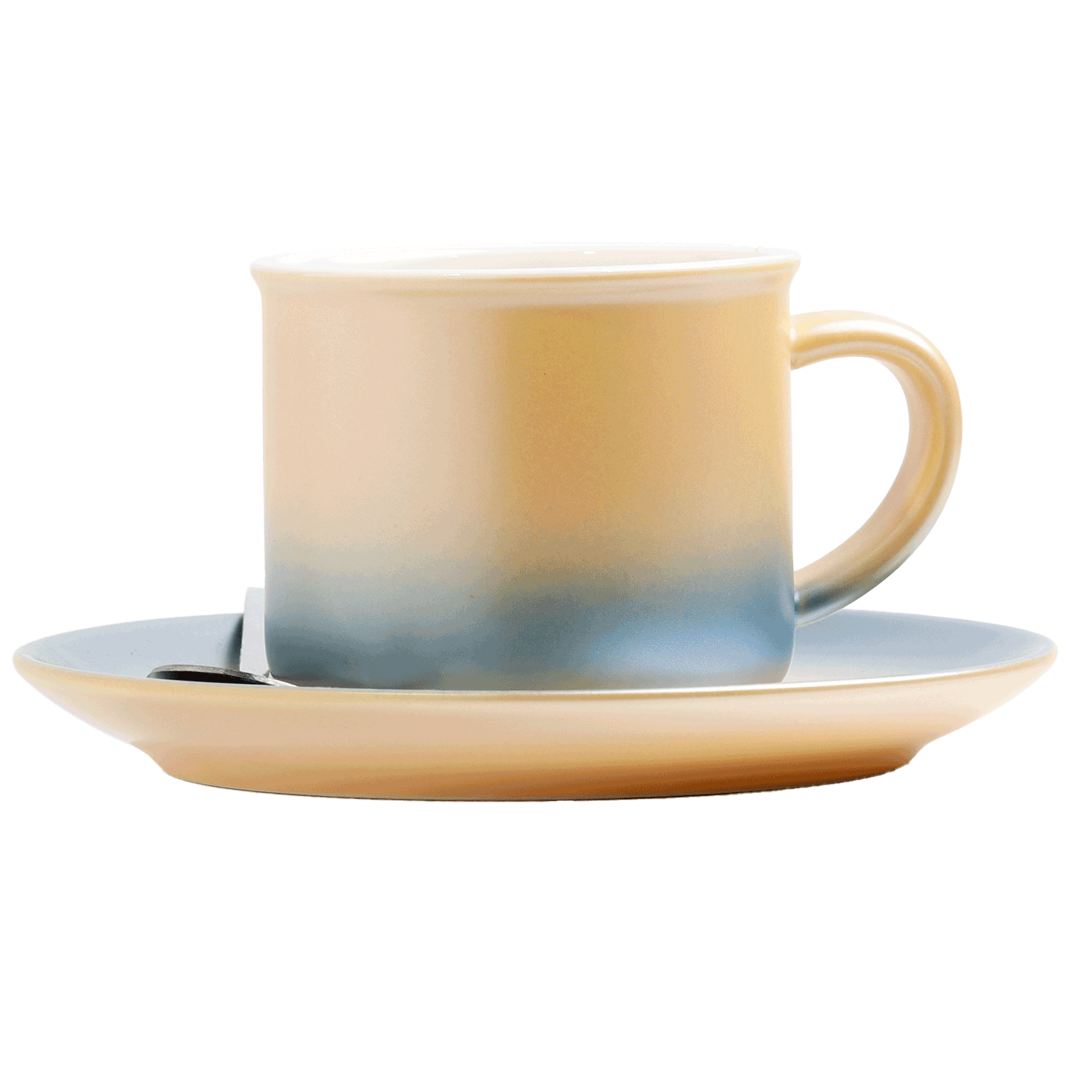 Blue and beige gradient ceramic coffee mug with saucer and spoon