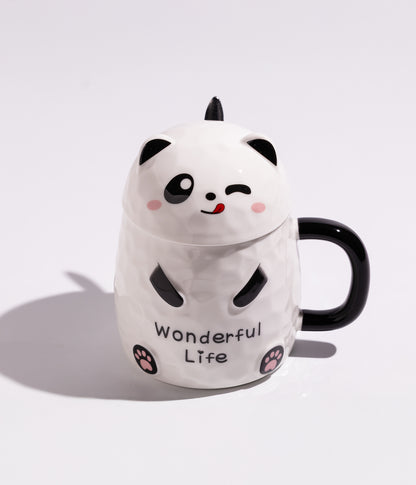 كوب قهوة مصنوع من السيراميك بتصميم باندا يعرض مشاعر متنوعة، مع غطاء لحفظ الحرارة، مناسب للاستخدام اليومي