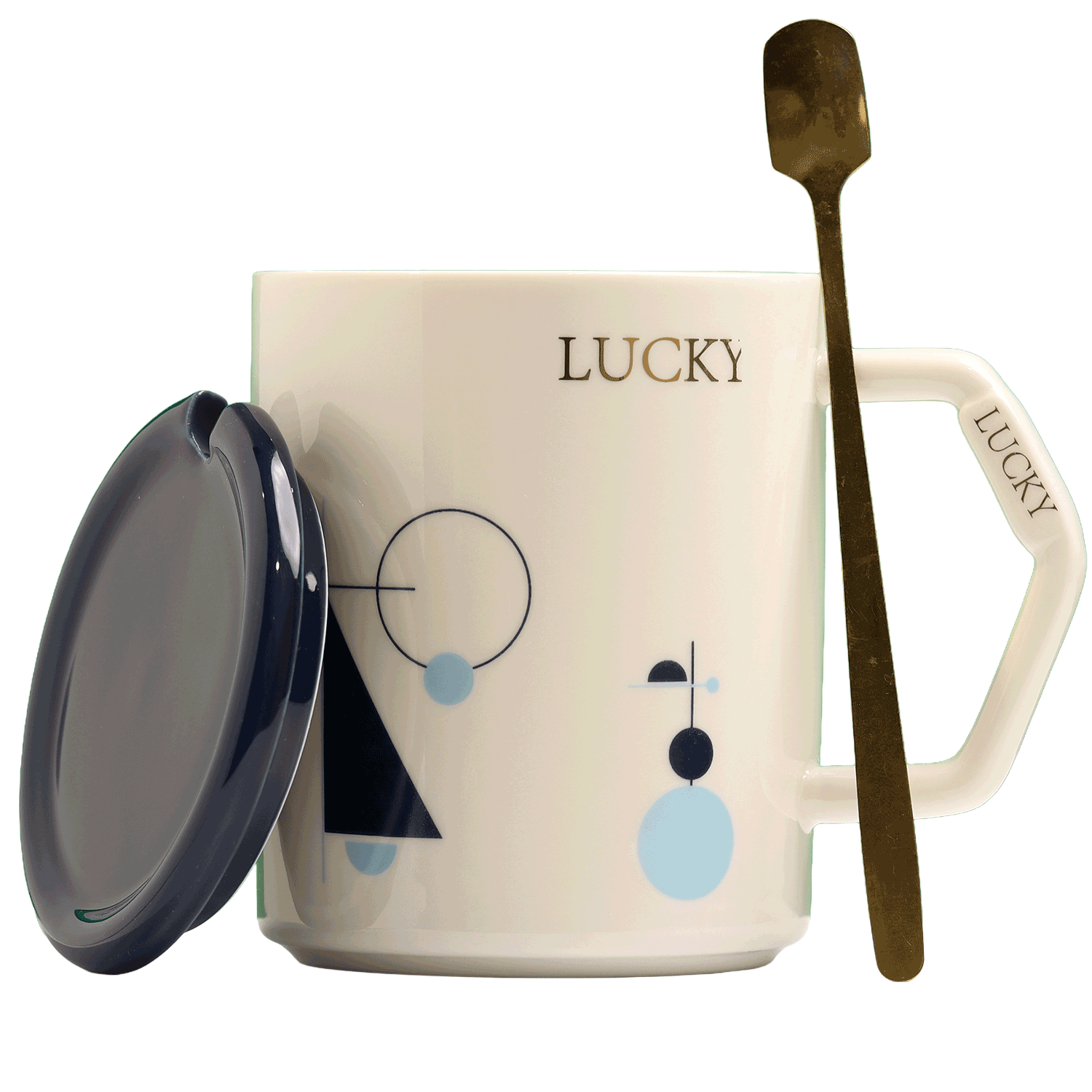 Ceramic mug with geometric design and the phrase 