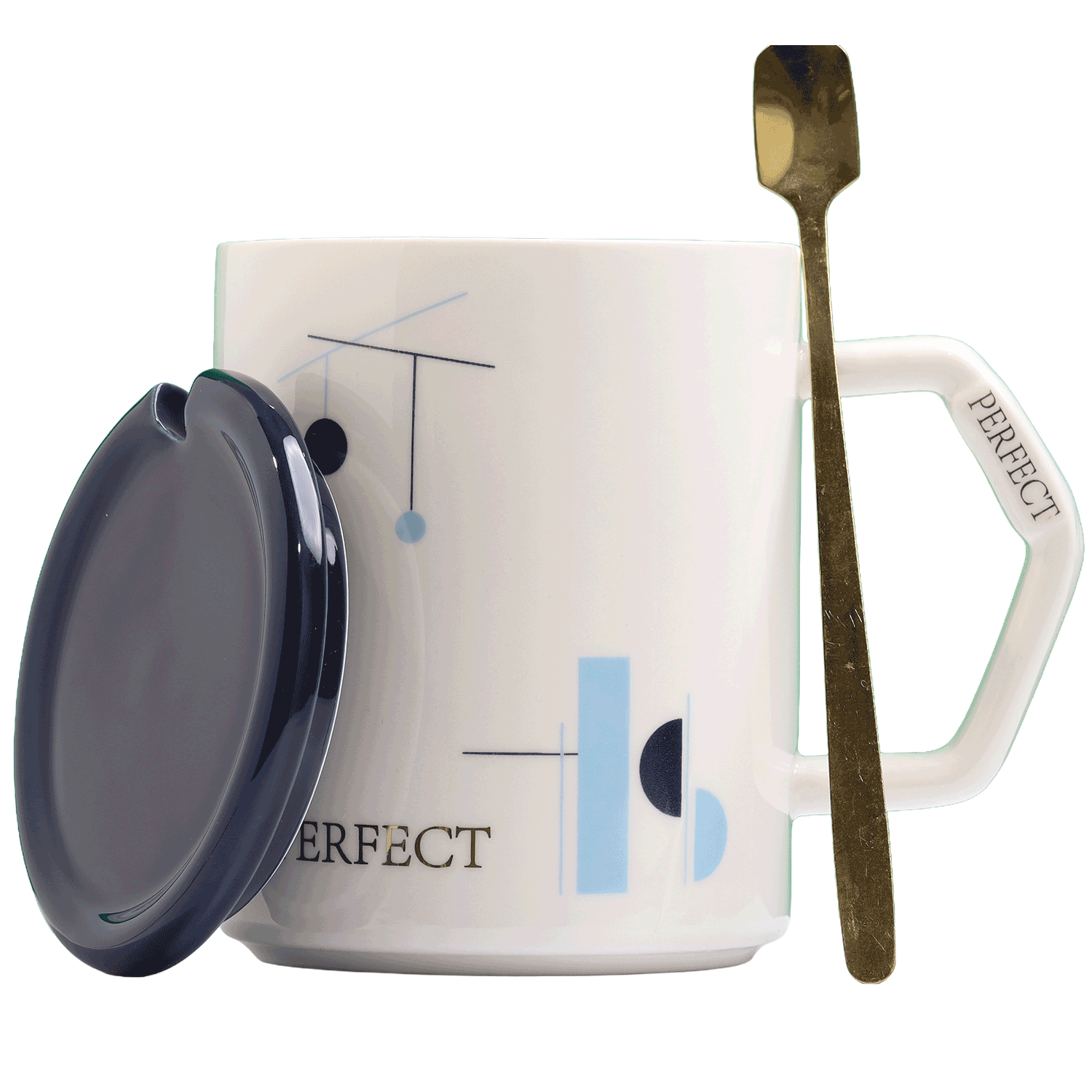 Ceramic mug with geometric design and the phrase 