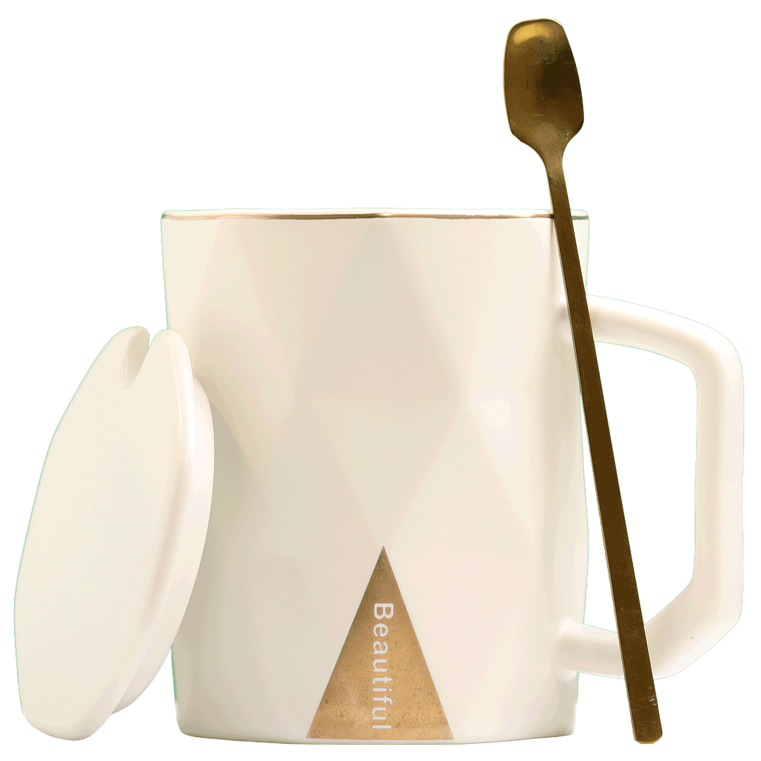 Beautiful Ceramic Mug with Lid and Golden Spoon