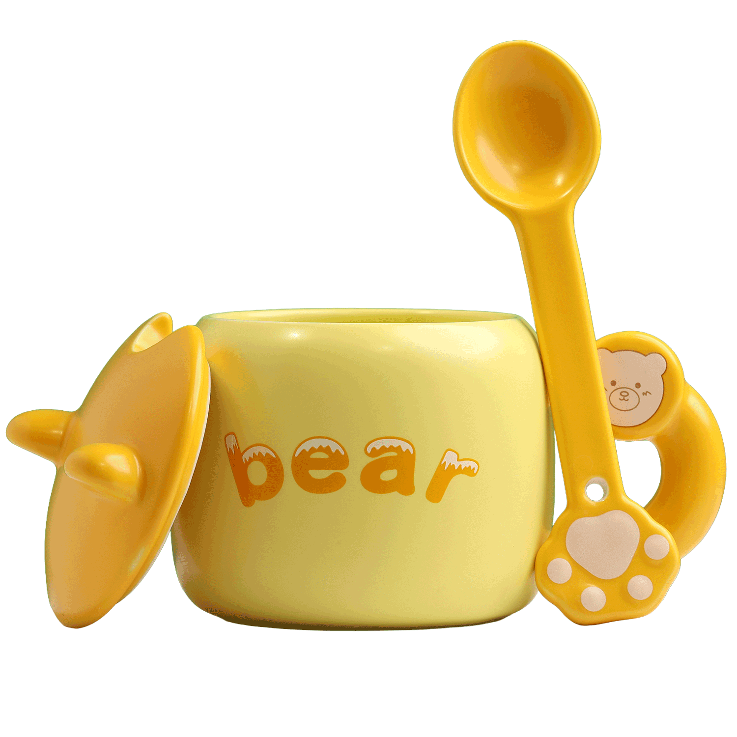 Yellow Ceramic Bear Coffee Mug with Lid and Spoon