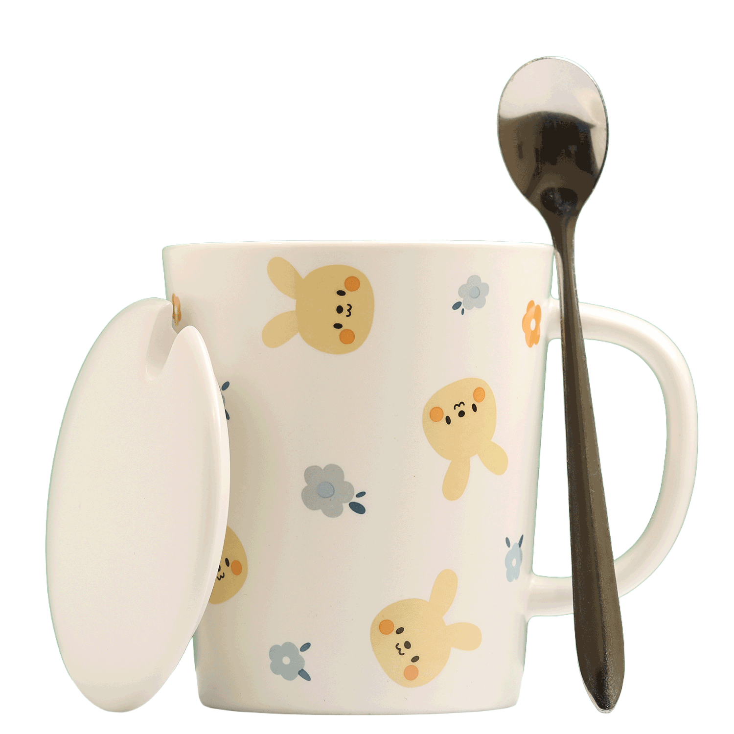 Ceramic mug with rabbit and flower design, with lid and spoon