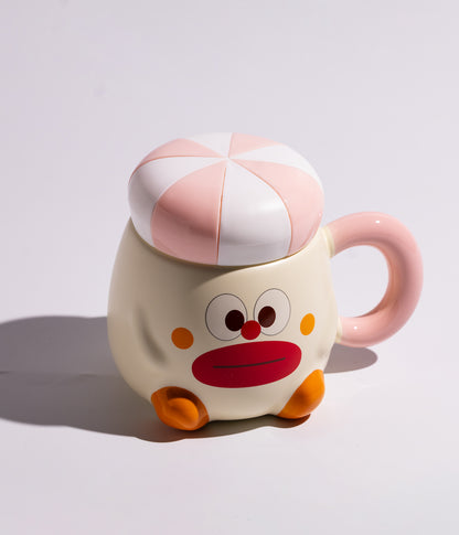 كوب سيراميك بتصميم المهرج المضحك مع غطاء مخطط لحفظ الحرارة  وردي 