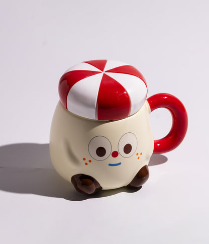 كوب سيراميك بتصميم المهرج المضحك مع غطاء مخطط لحفظ الحرارة احمر