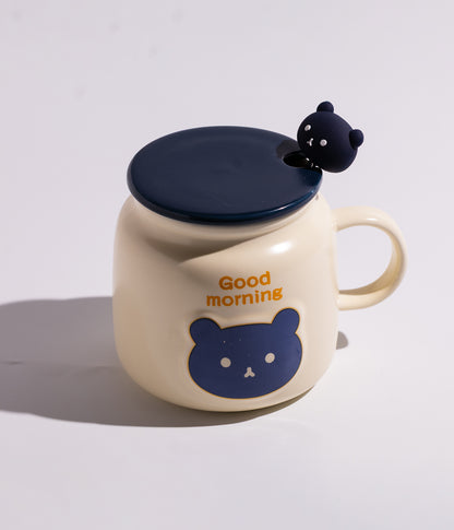 كوب سيراميك بتصميم وجه الدب وعبارة GOOD MORNING مع غطاء وملعقة