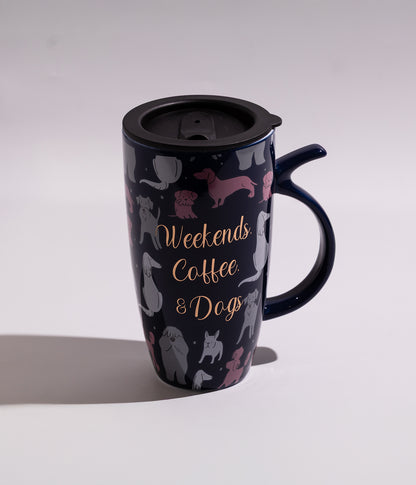 كوب سيراميك برسوم لطيفة مزوّد بغطاء اسود محكم الاغلاق