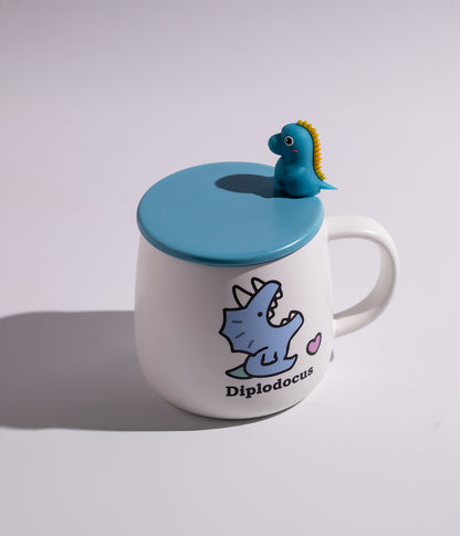كوب سيراميك بتصميم ديناصورات وبغطاء وملعقة