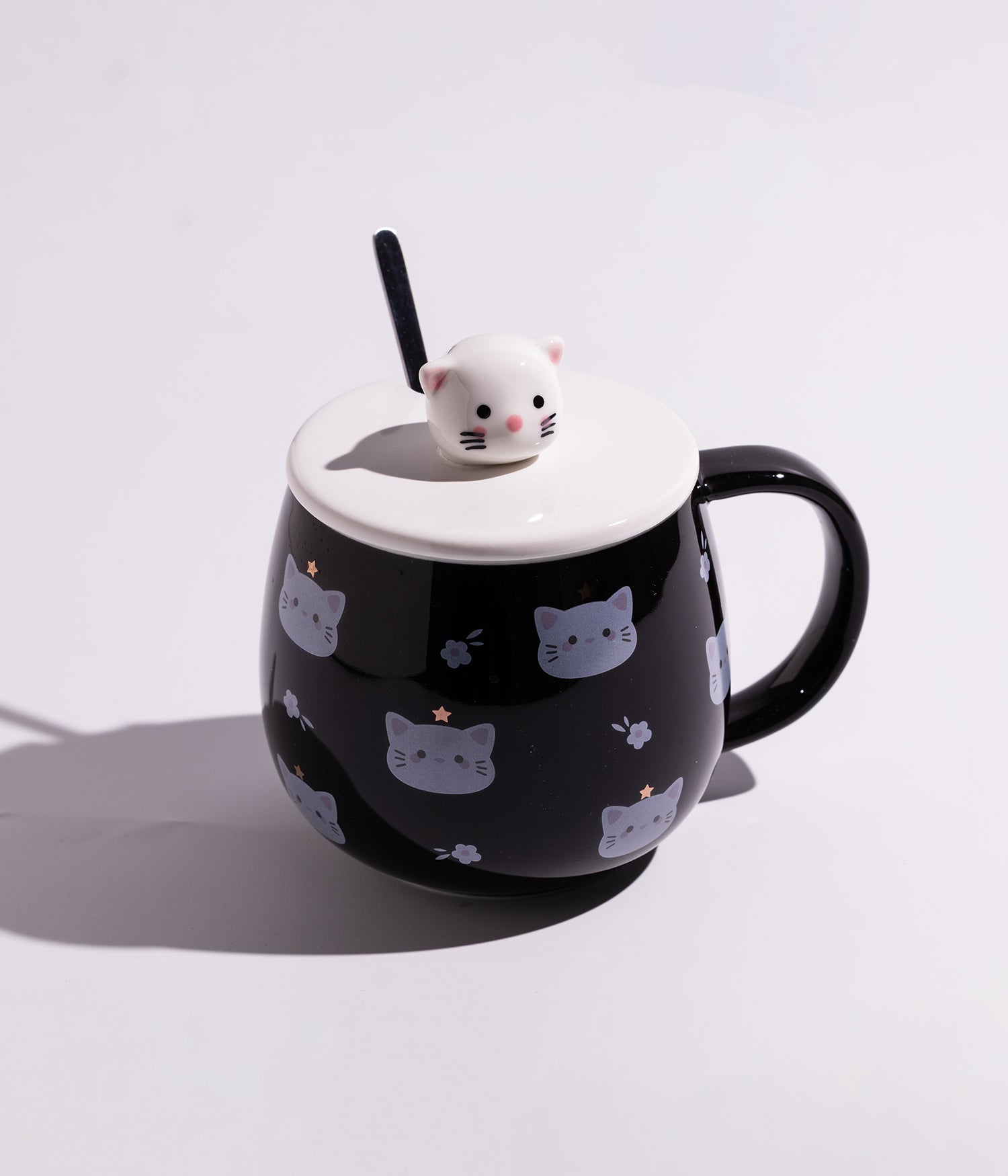 كوب سيراميك بتصاميم قطط مرحة مع غطاء برأس قطة وملعقة