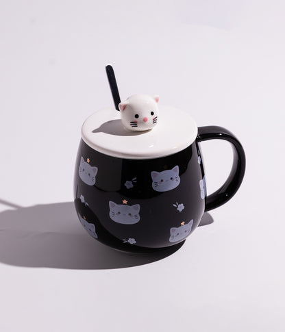 كوب سيراميك بتصاميم قطط مرحة مع غطاء برأس قطة وملعقة