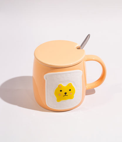 كوب سيراميك بتصميم قطة التوست اللطيفة مع غطاء وملعقة
