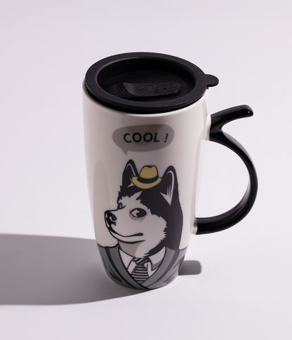 كوب سيراميكي مزين برسوم حيوانات أليفة، يأتي مع غطاء محكم للإغلاق، ملائم للاستخدام في المنزل أو المكتب