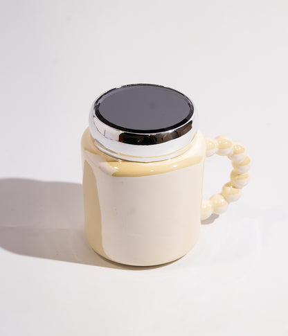 كوب سيراميك سادة بغطاء محكم الإغلاق على شكل مرآة مع مقبض بابلز باللون الأصفر الفاتح