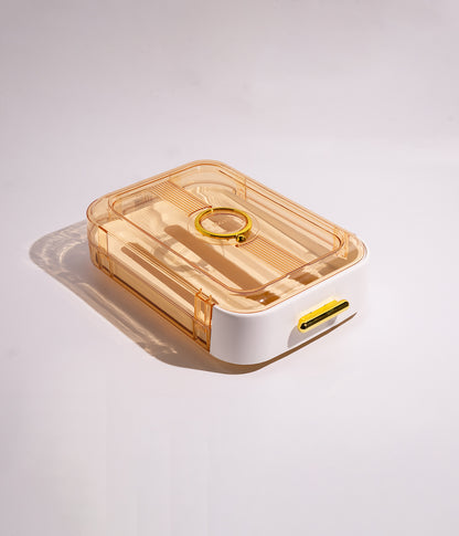 صندوق تخزين بلاستيكي أنيق بغطاء محكم ومقبض ذهبي