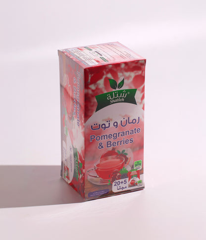 شاي أعشاب بنكهة الرمان مع التوت، يأتي ضمن عبوة شتلة تحتوي على 20+5 أكياس بوزن إجمالي 50 جرام، مناسب للاستخدام اليومي