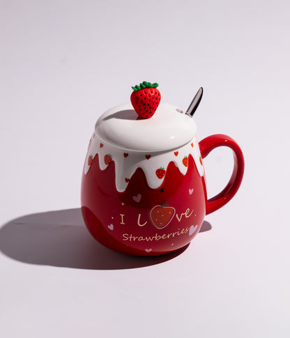 كوب قهوة سيراميك أحمر مع غطاء مجسم فراولة وملعقة