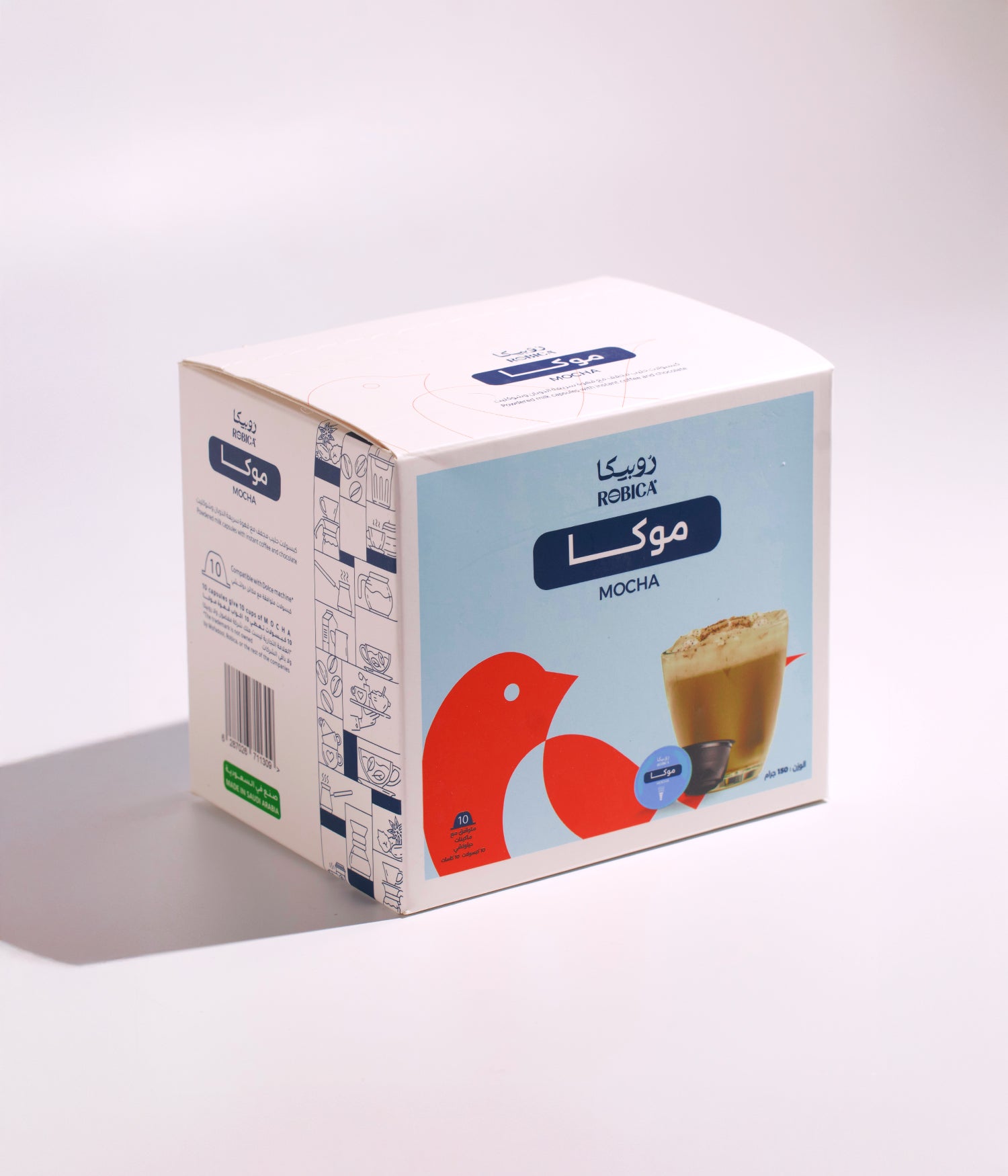 كبسولات قهوة موكا دولشي من روبيكا بمذاق ناعم يجمع بين القهوة الغنية ولمسة الشوكولاتة الحلوة، مثالية لمحبي المشروبات المتوازنة والناعمة، متوافقة مع آلات الكبسولات