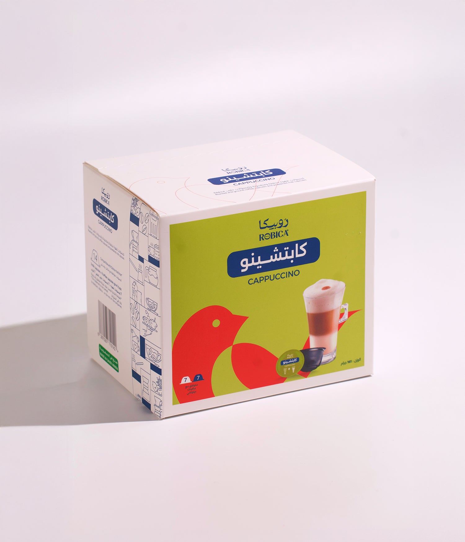 روبيكا كابتشينو بقوام كريمي ونكهة متوازنة تجمع بين غنى القهوة ونعومة الحليب، مكوّنة من 7 كبسولات قهوة و7 كبسولات حليب لتحضير كابتشينو مثالي بطبقة رغوة غنية وطعم سلس