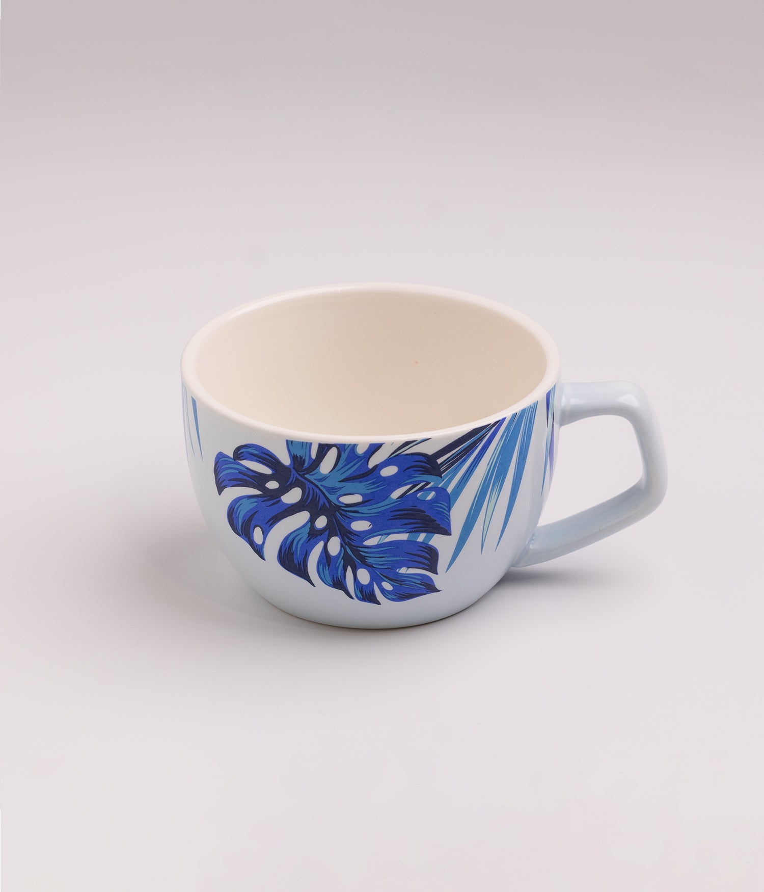 Blue Monstera Leaf Design Ceramic Mug with Saucer and Spoon