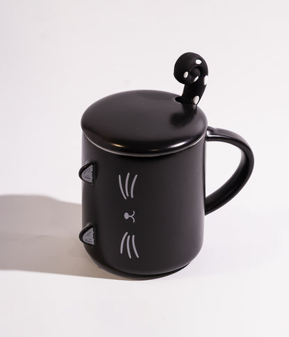 كوب سيراميك بتصميم قطة مائلة مع غطاء وملعقة اسود اللون